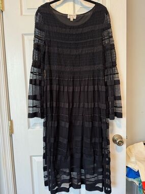 Black Textured Midi Dress with Sheer Stripe Details - Unknown Brand